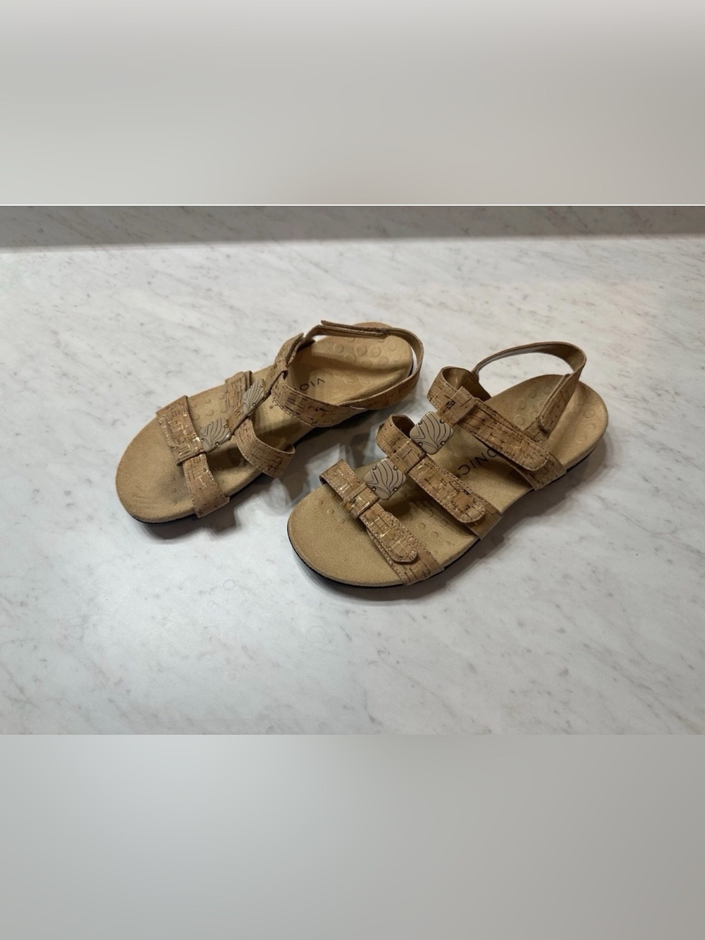 Vionic Amber Sandals Womens Size 8 Tan Cork Print Hook Loop Comfort Orthotic